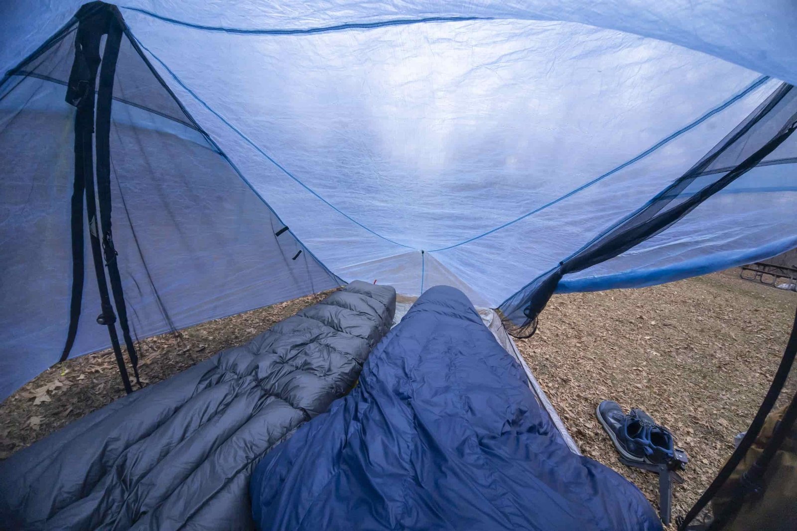 two sleeping bags on the interior of a tent