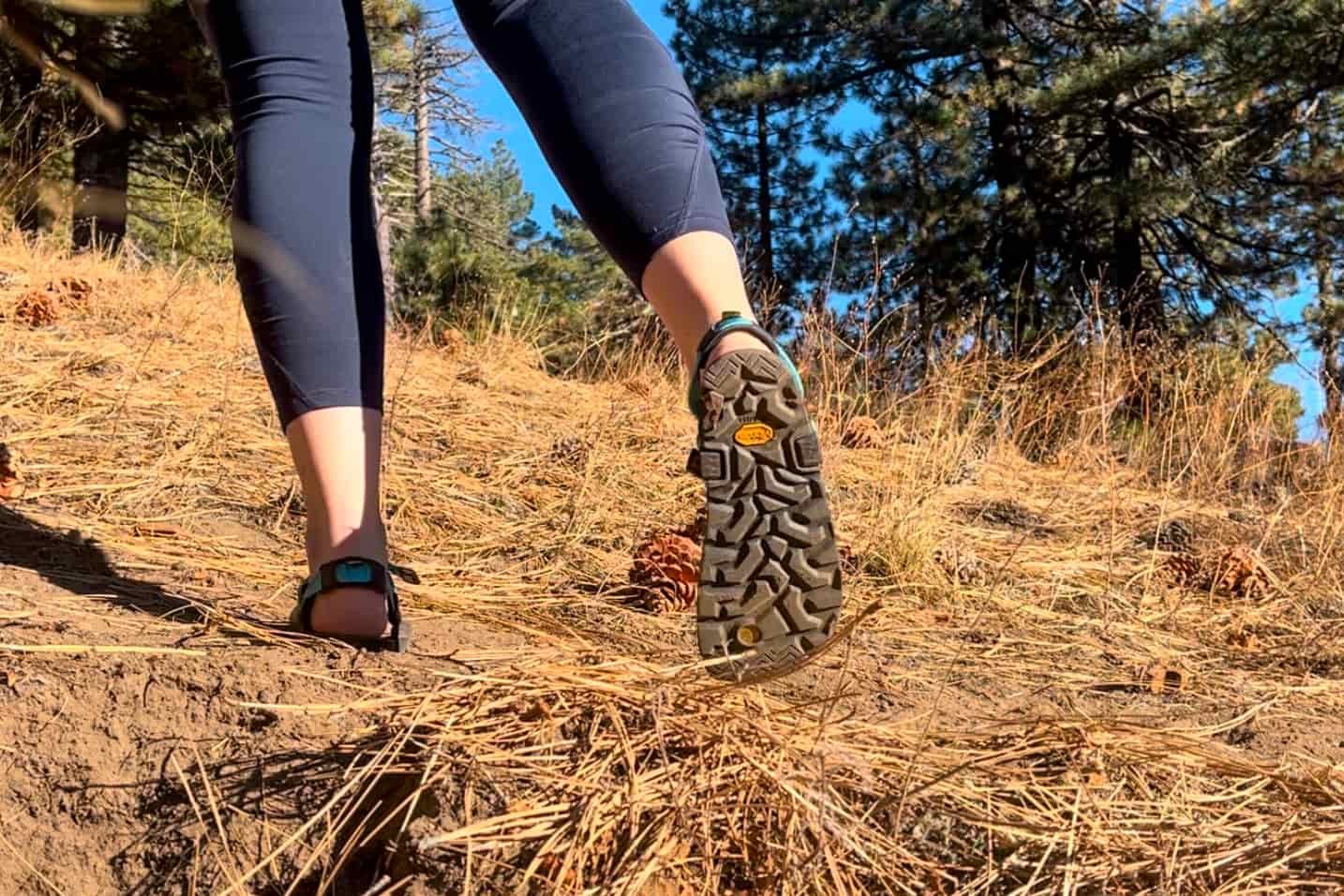 Our tester on a hike wearing the Luna Mono Winged edition sandals.