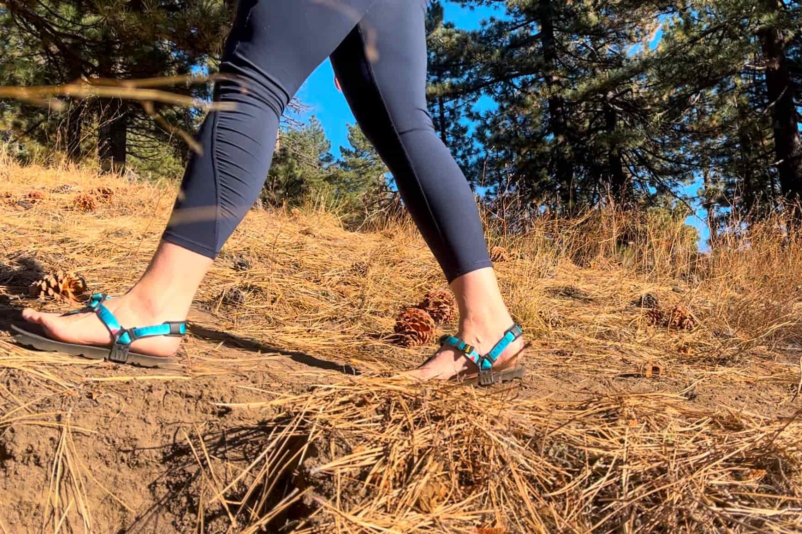 Our tester on a hike wearing the Luna Mono Winged edition sandals.