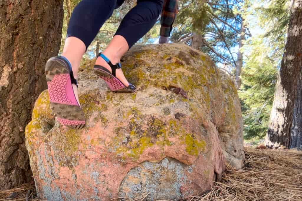 Our hiker climbing over a boulder in the Xero Shoes Z-Trail EV hiking sandals.