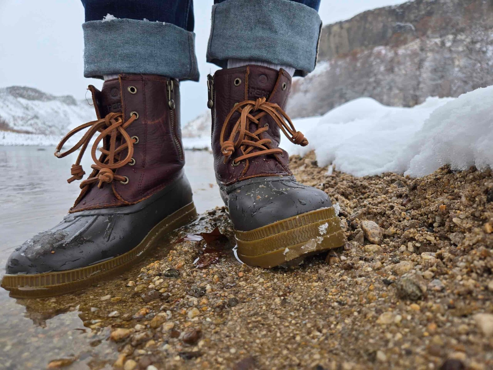 SperrySaltwater - beaded water closeup in snow