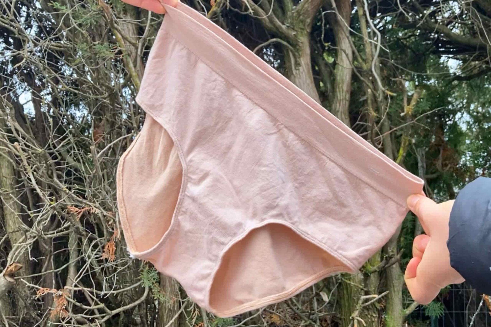 Holding up a pair of BRANWYN Essential Hipster underwear with an outdoor background
