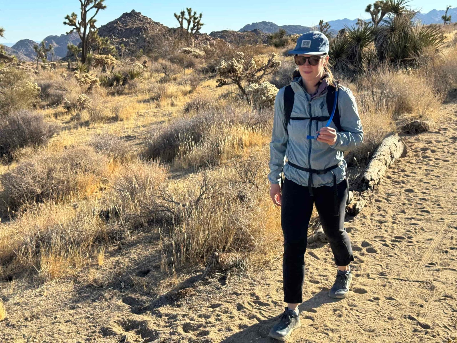 A hiker walks down a sandy trail in the Southern California desert while holding a hydration hose with one hand. Joshua Trees and other desert plants are in the background.