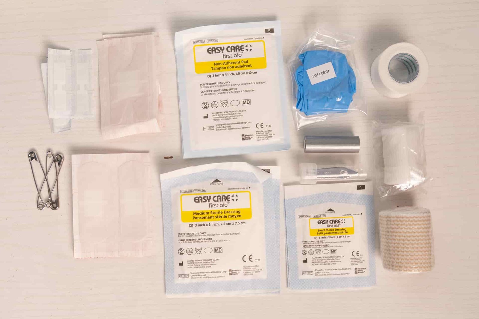 Some of the first aid supplies in the Adventure Medical Kits Ultralight.
