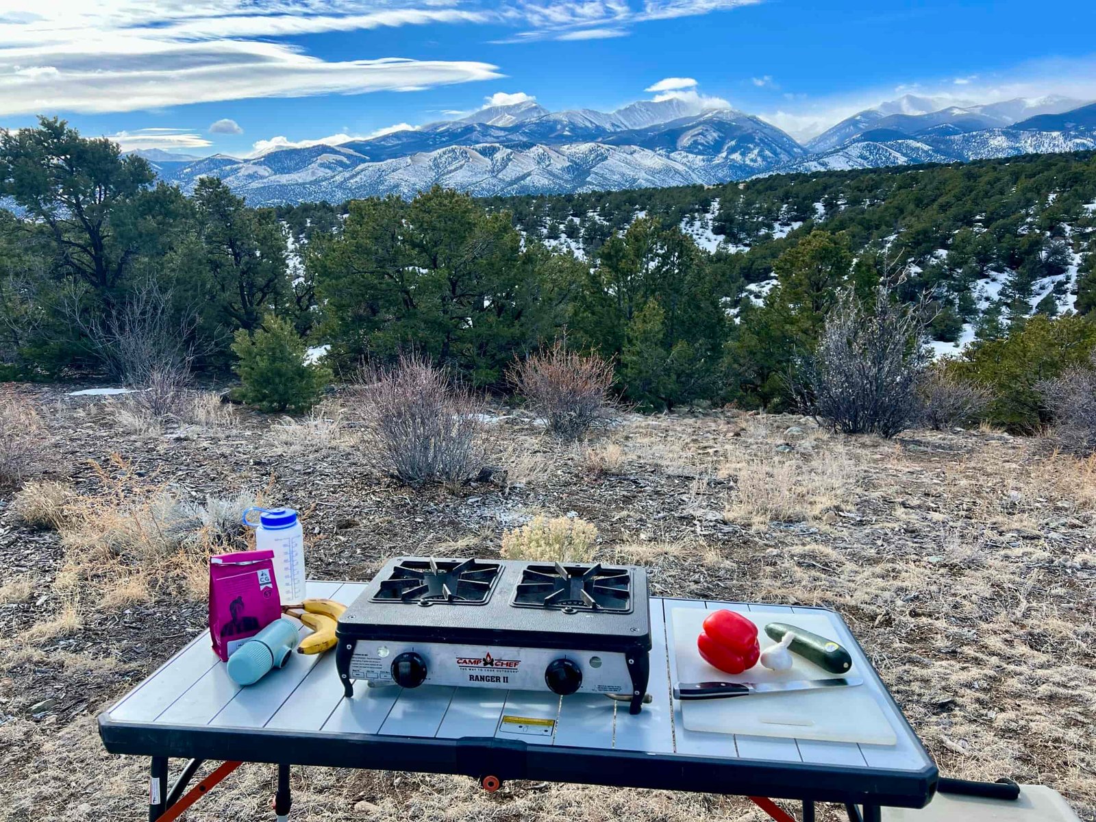 The REI Camp Prep Table has a two-burner stove, a cutting board with veggies, and a knife on top of it. On the left side, it has bananas, coffee, Nalgene, and aeropress.