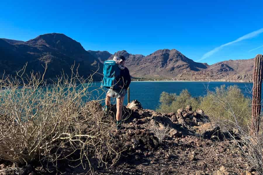 Person hiking with an Osprey Poco SLT child carrier along a rugged Baja California trail overlooking a stunning turquoise bay.