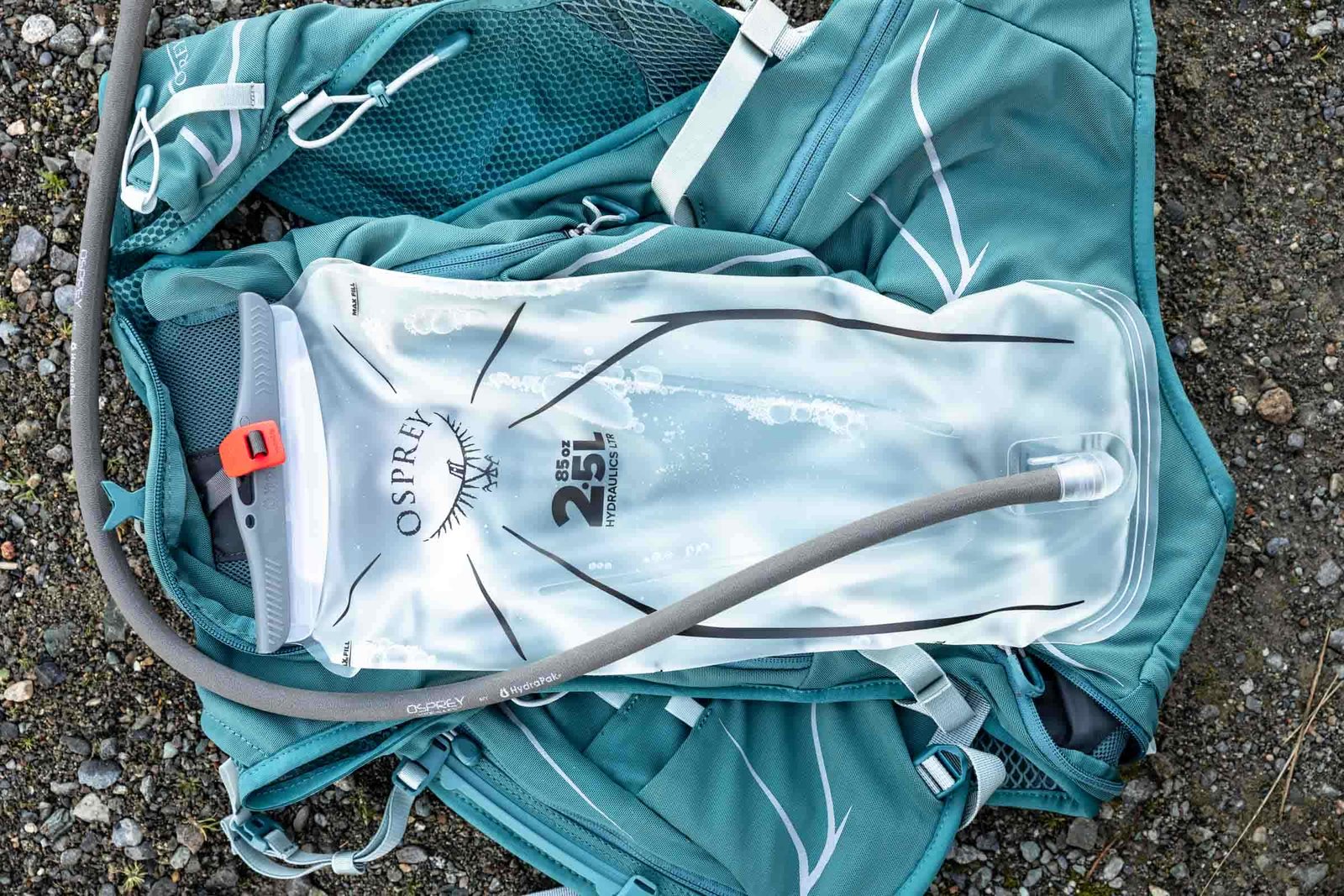 Details of Osprey Dyna 15L - the hydration bladder with water is sitting on top of the pack