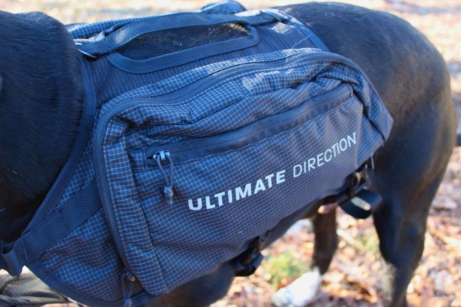 Side view of the Ultimate Direction Dog Vest showing the saddlebag and logo