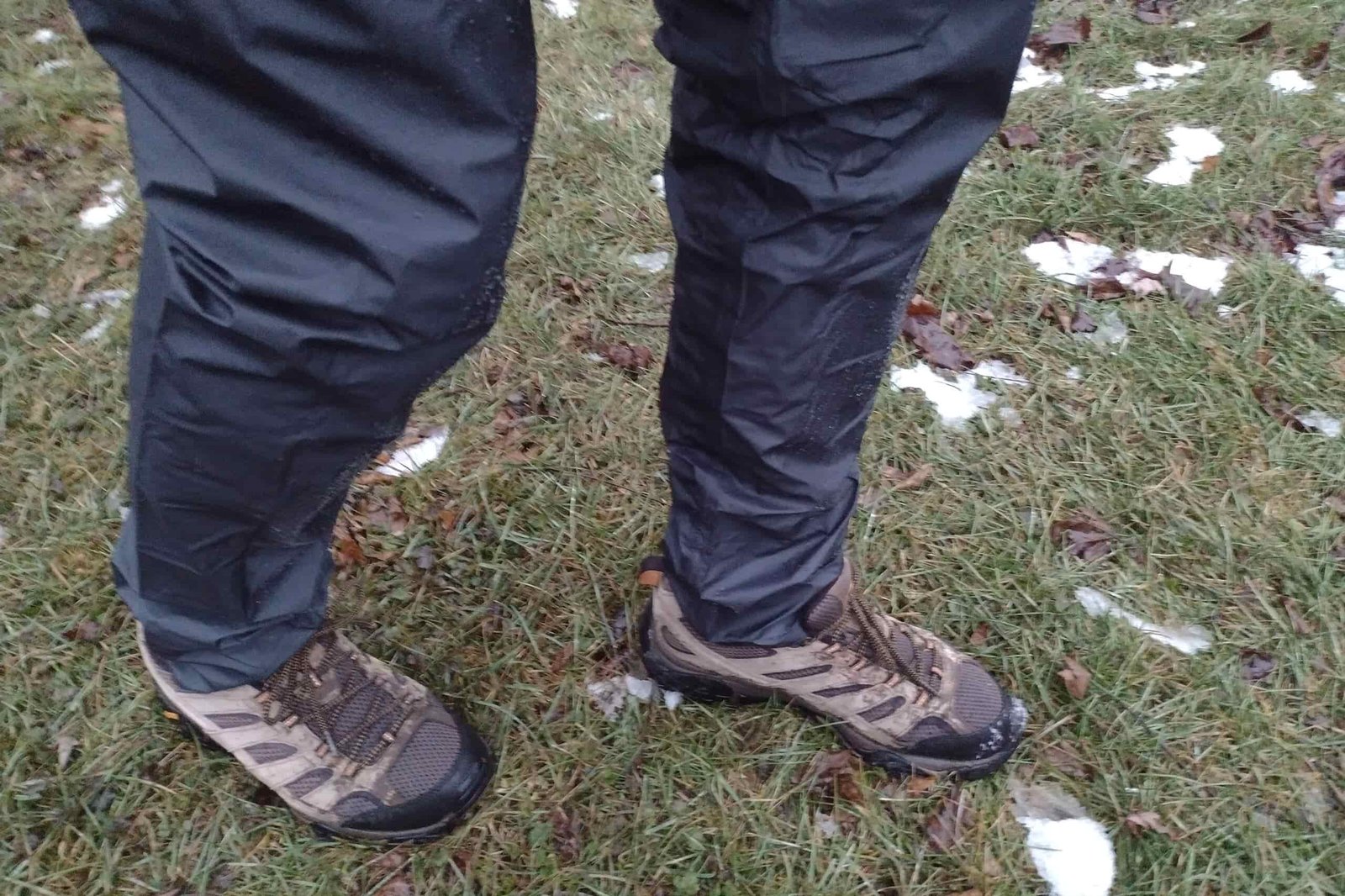 Closeup of someone wearing the Zpacks Vertice rain pants.