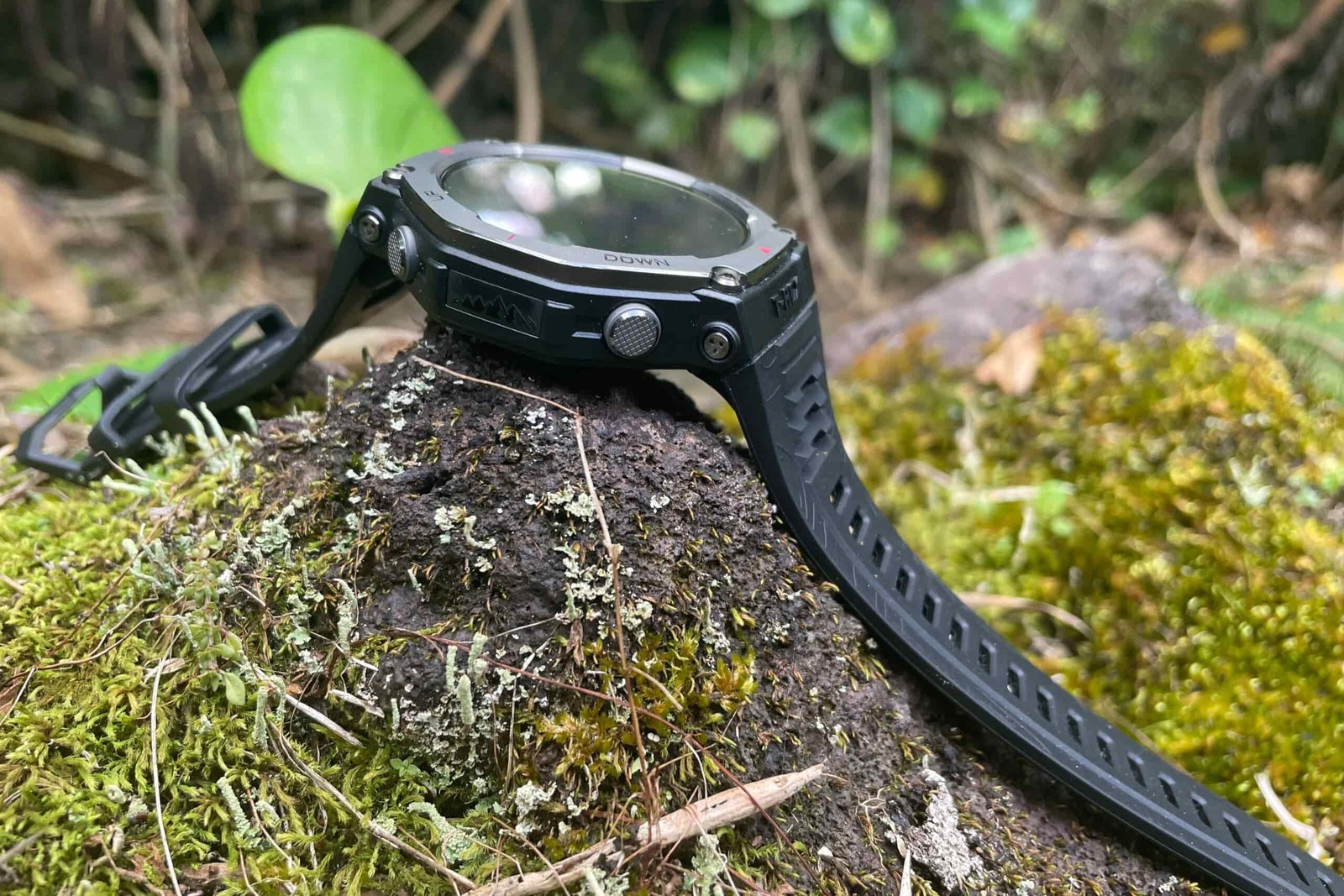 A closeup of the watch strap of a GPS watch.