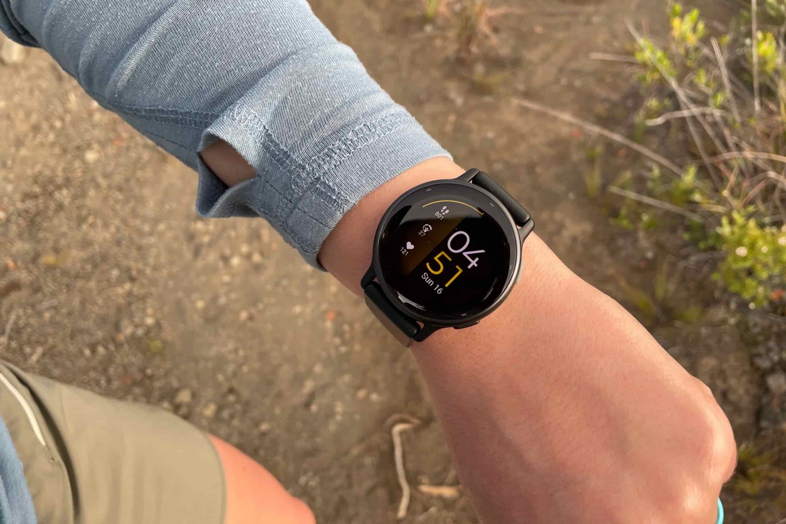 A watch face worn on the wrist.