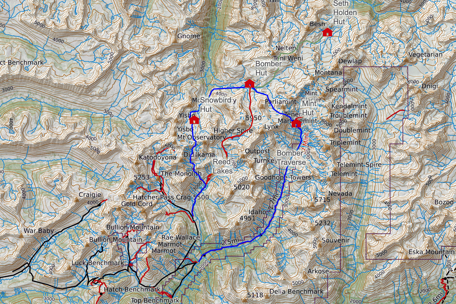 A CalTopo map of the Bomber Traverse