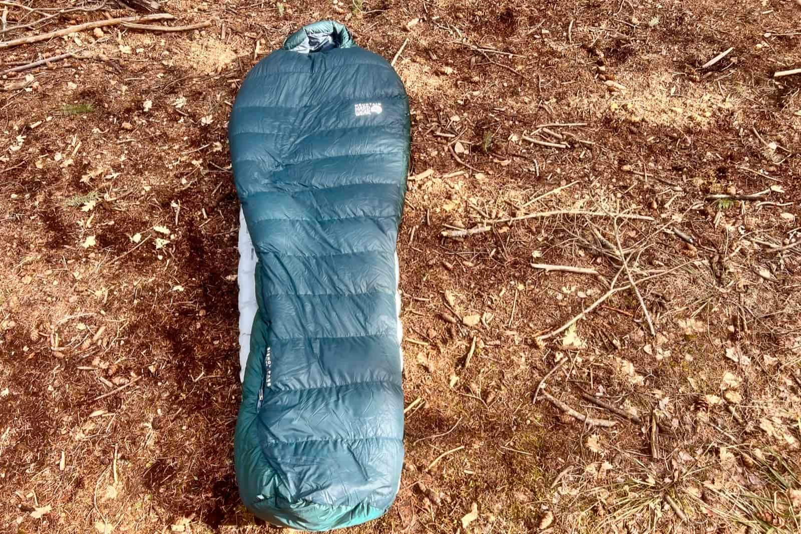 A sleeping bag lays on a sleeping pad on a forest floor