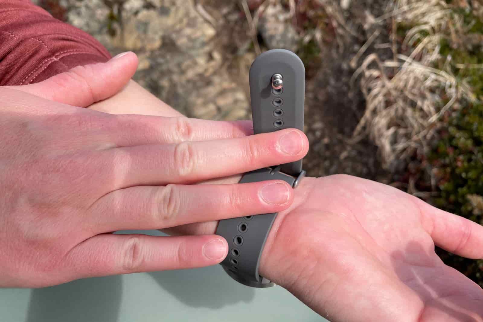 A closeup of the underside of a watch band.