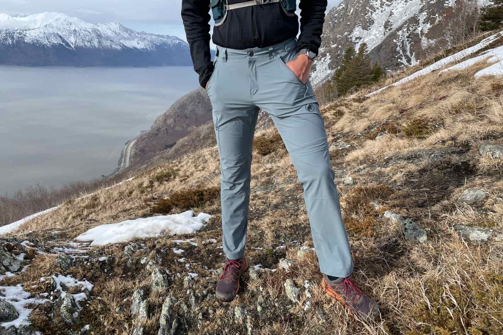 A closeup of a pair of pants on a mountain ridge.