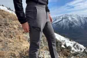 A closeup of the side pocket on a pair of hiking pants.