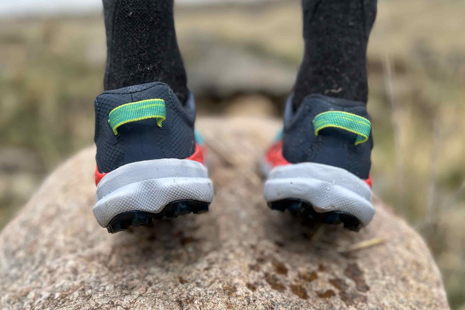 Close up image of the heels and heel loops on a pair of trail running shoes.