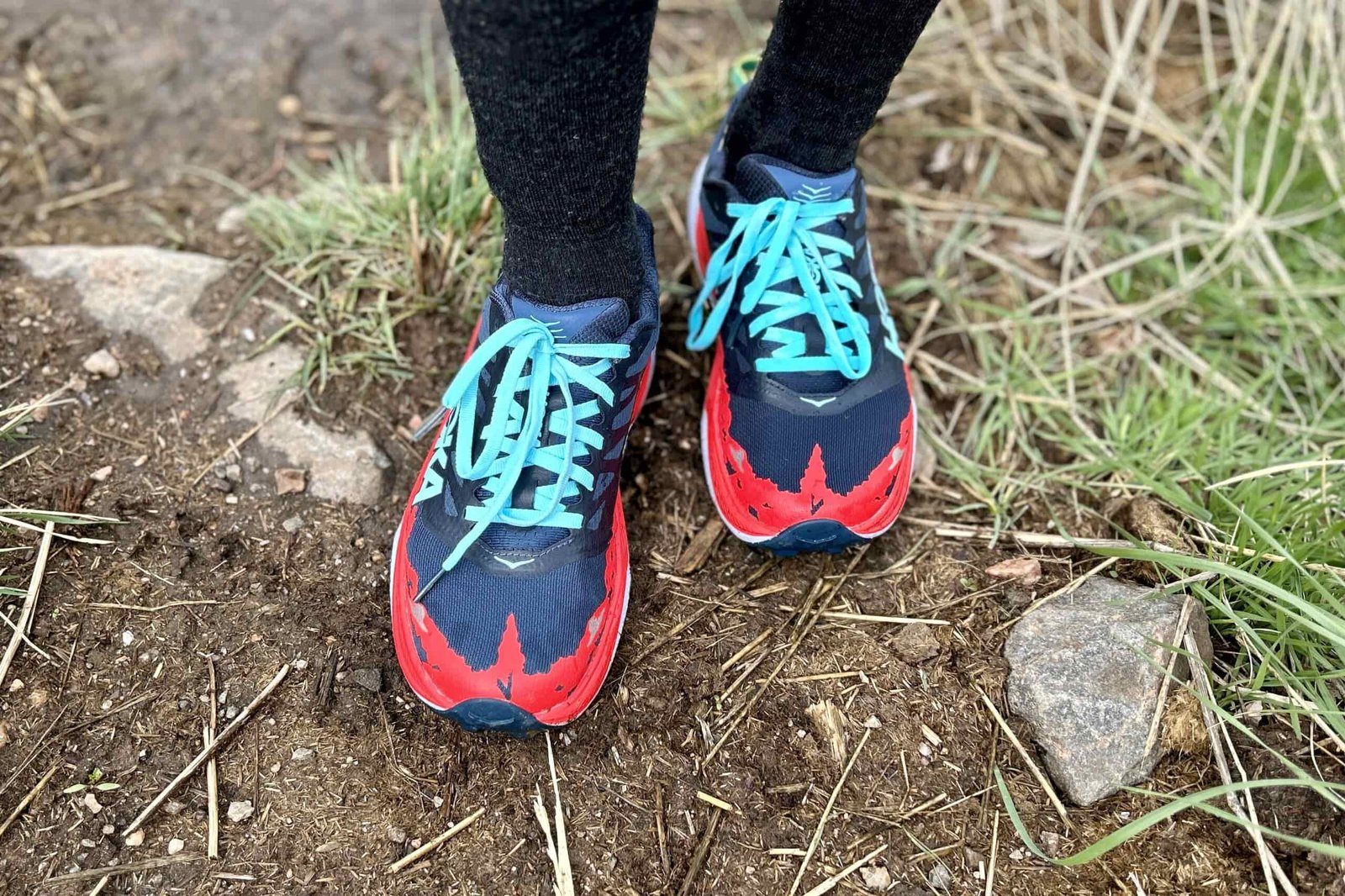 Top-down image of a pair of trail running shoes.