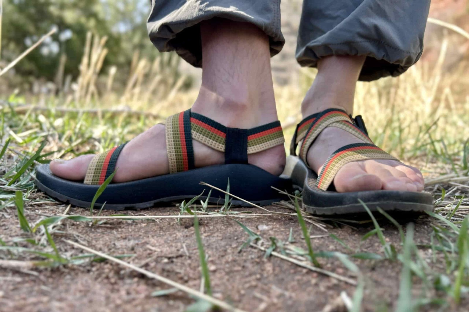 Close up image of a person wearing hiking sandals.