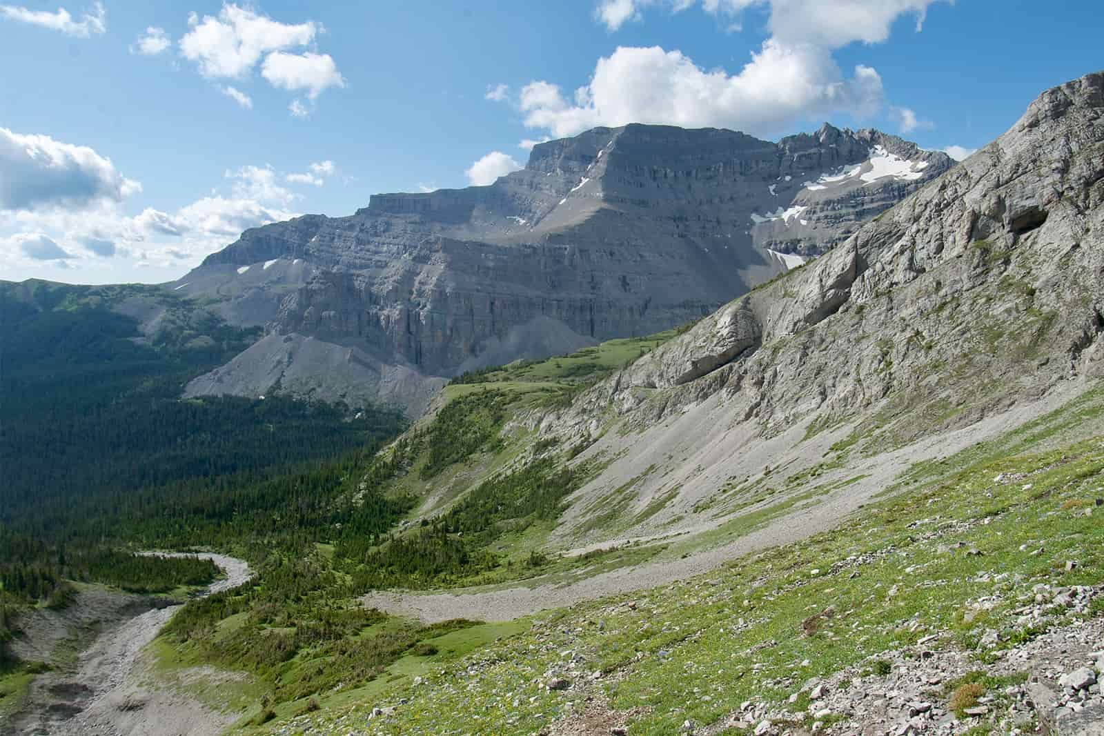 A scenic view of a prominent mountain with pine trees down in the valley.