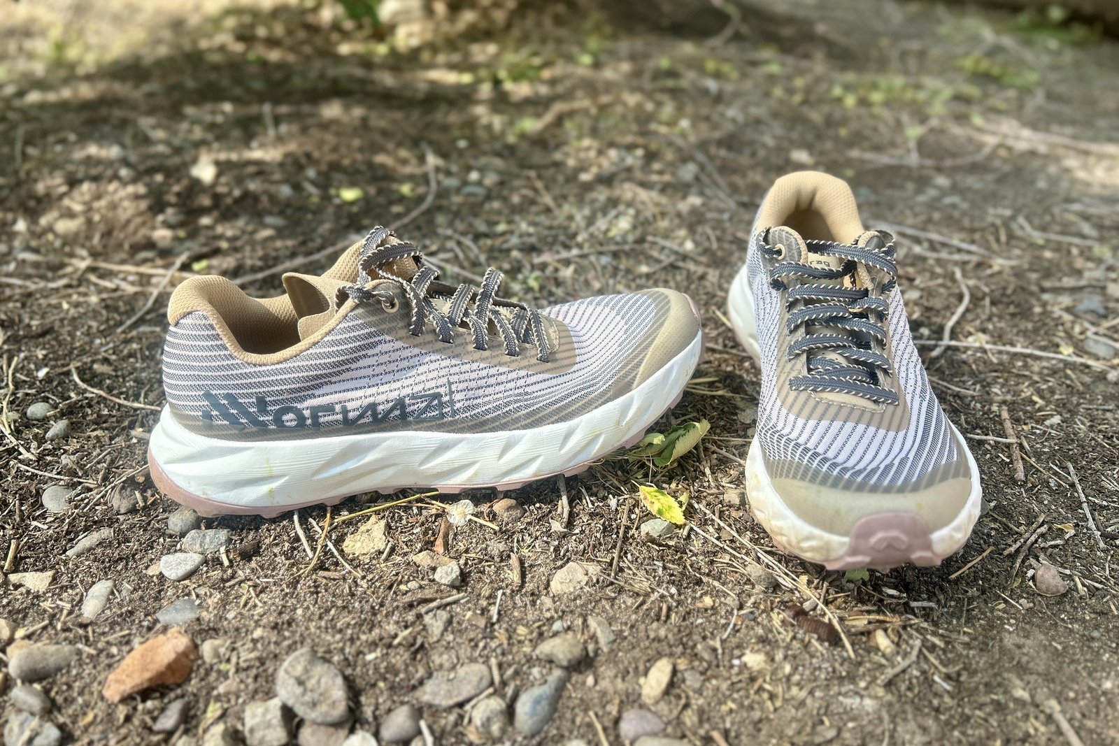 Close up of a pair of trail runners from straight on and from the side.