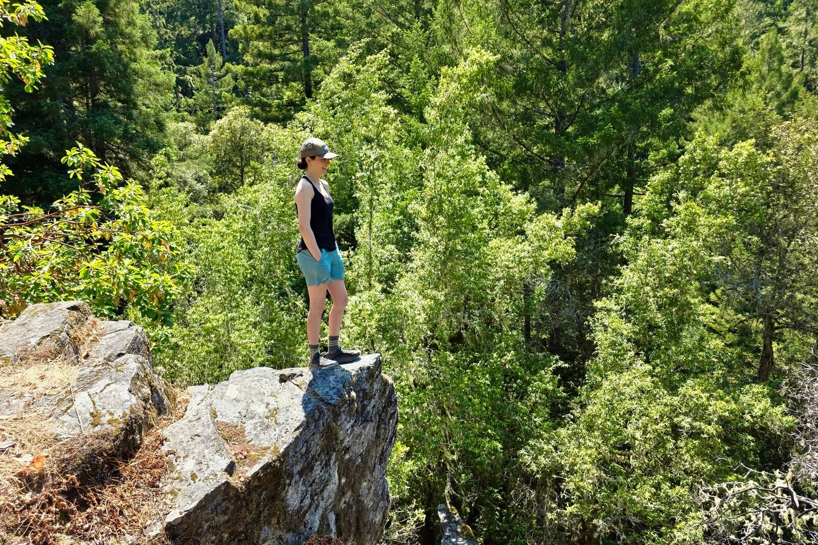 Woman standing on a rock outcropping overlooking the scenery below.