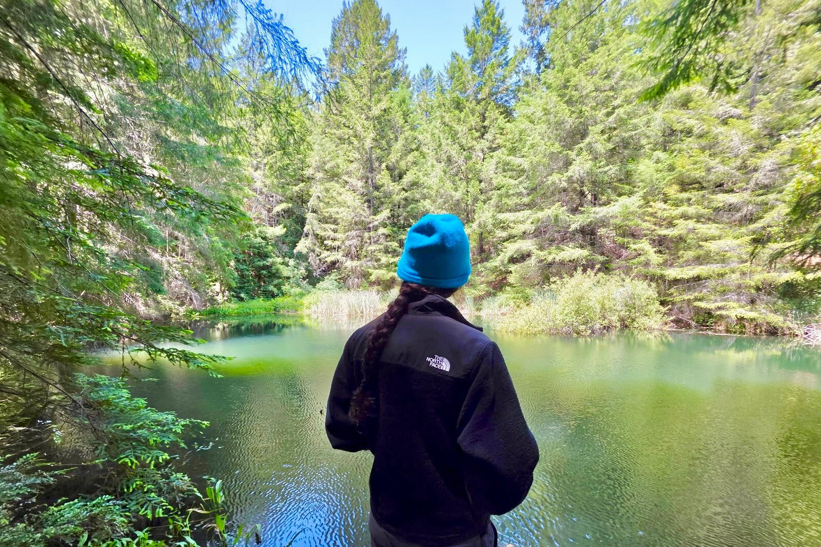 Woman facing a lake, showing the back of the North Face Retro Denali fleece.