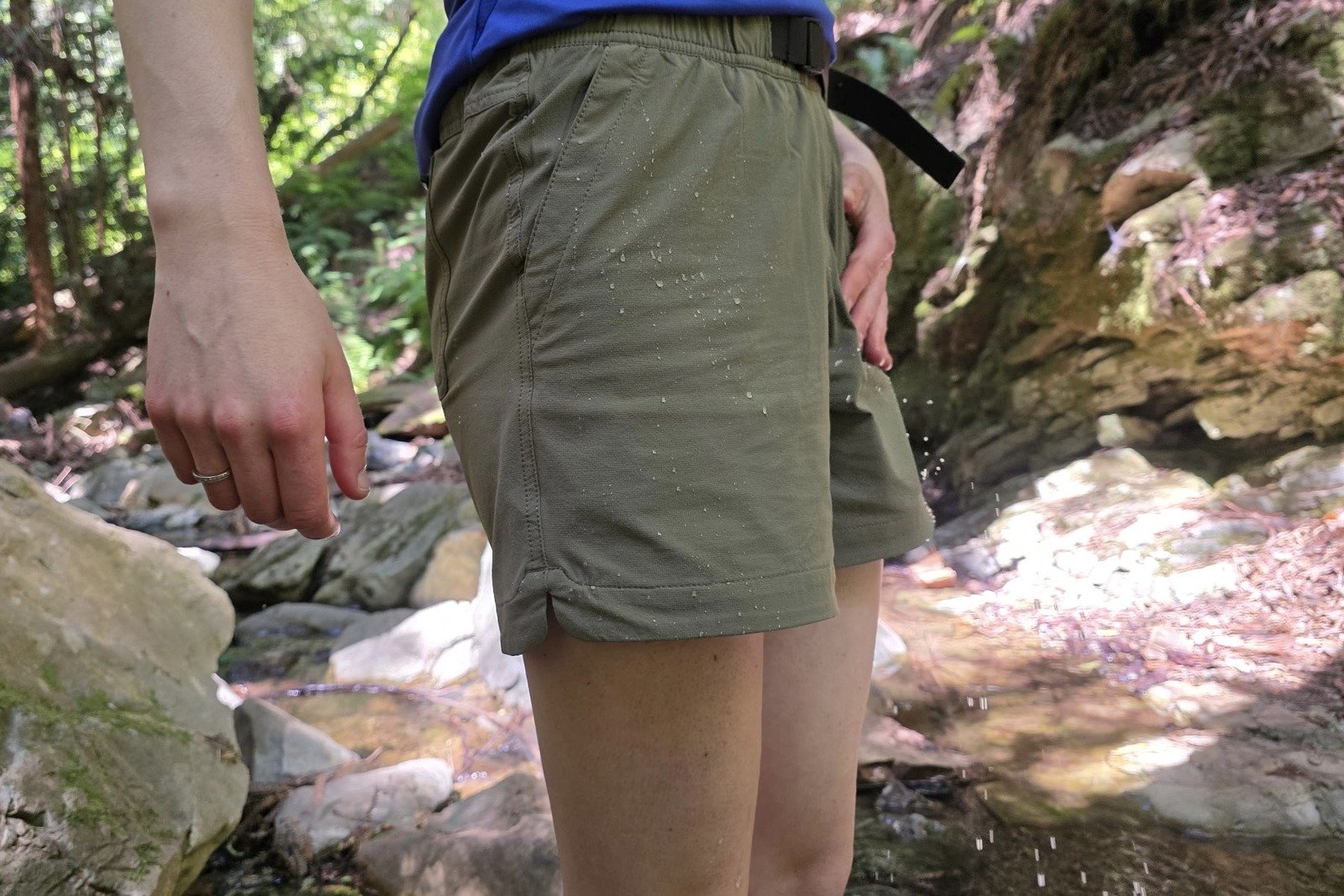 Water beads off of a pair of DWR coated hiking shorts.