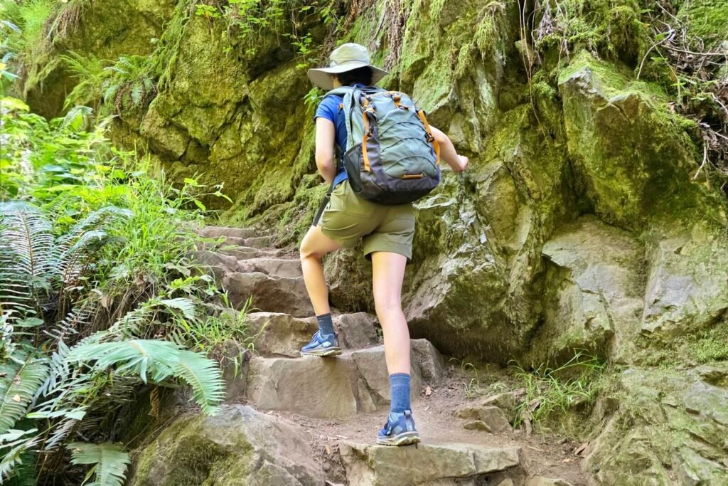 A woman hikes along a trail, with a forest on one side and a rock wall on the other.