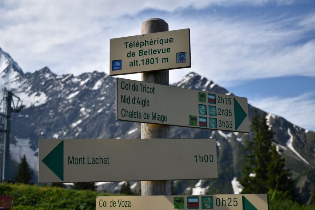 A sign includes arrows and approximate hiking times to reach popular destinations on the TMB