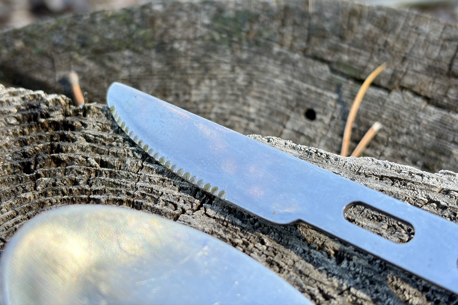 a close up of the shallow serrations on a stainless steel camp knife