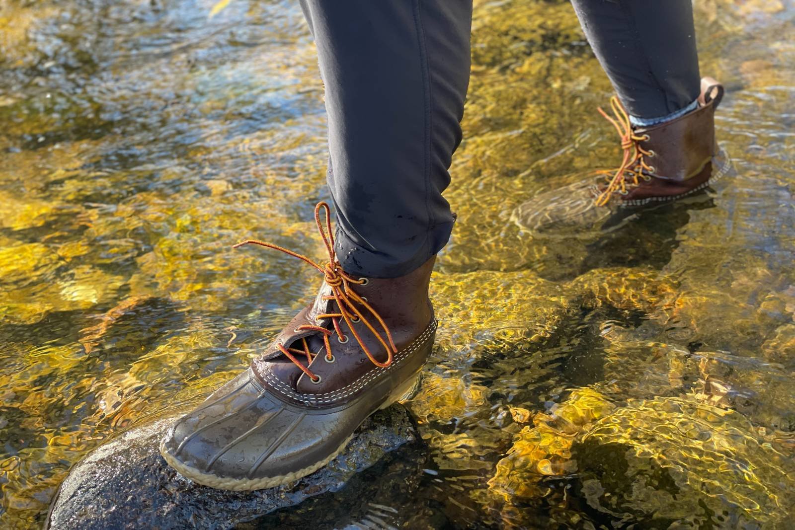 Walking in a shallow stream with the LL Bean 8" Bean Boot