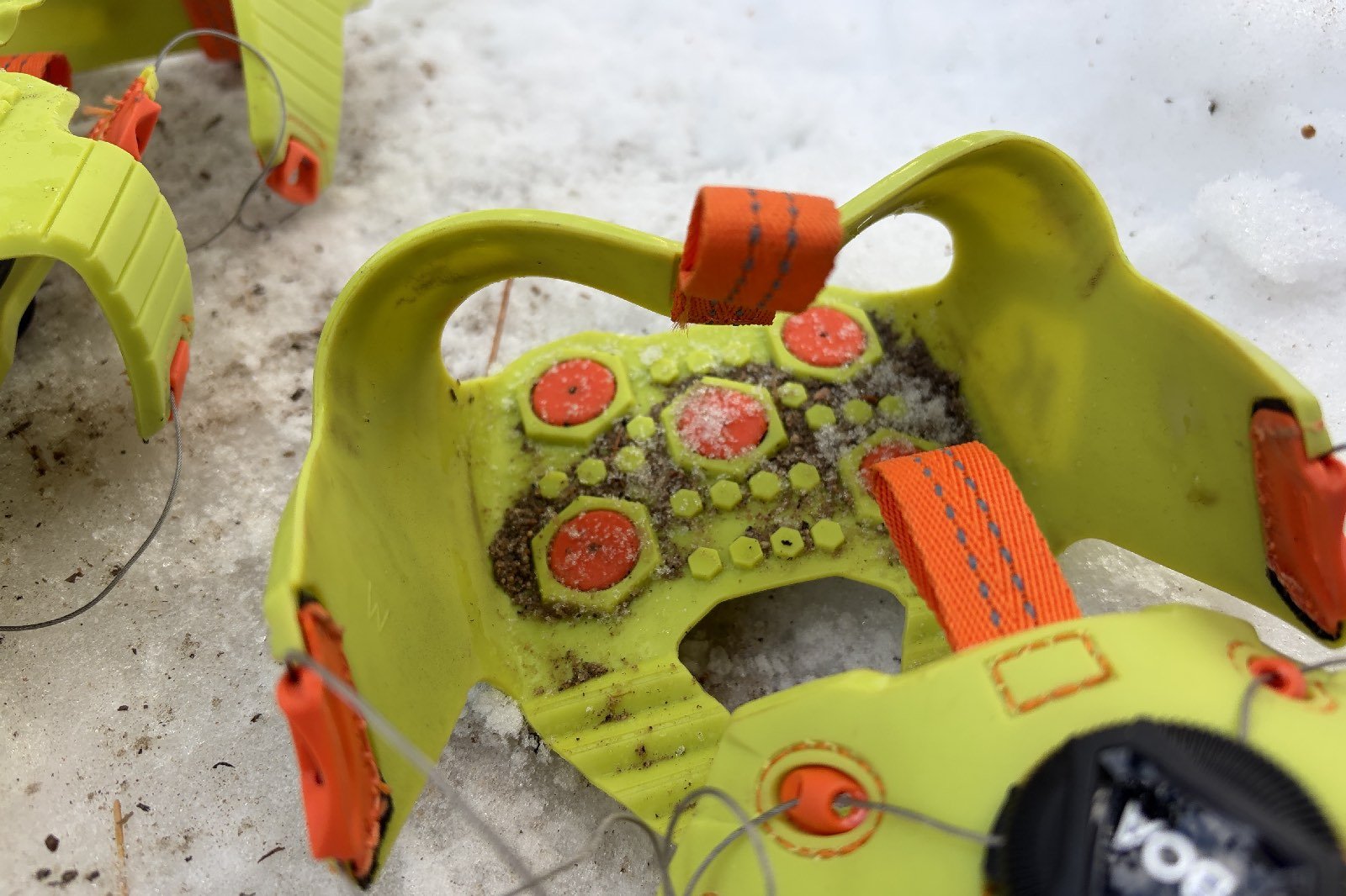 a close up on the inside of an ice cleat